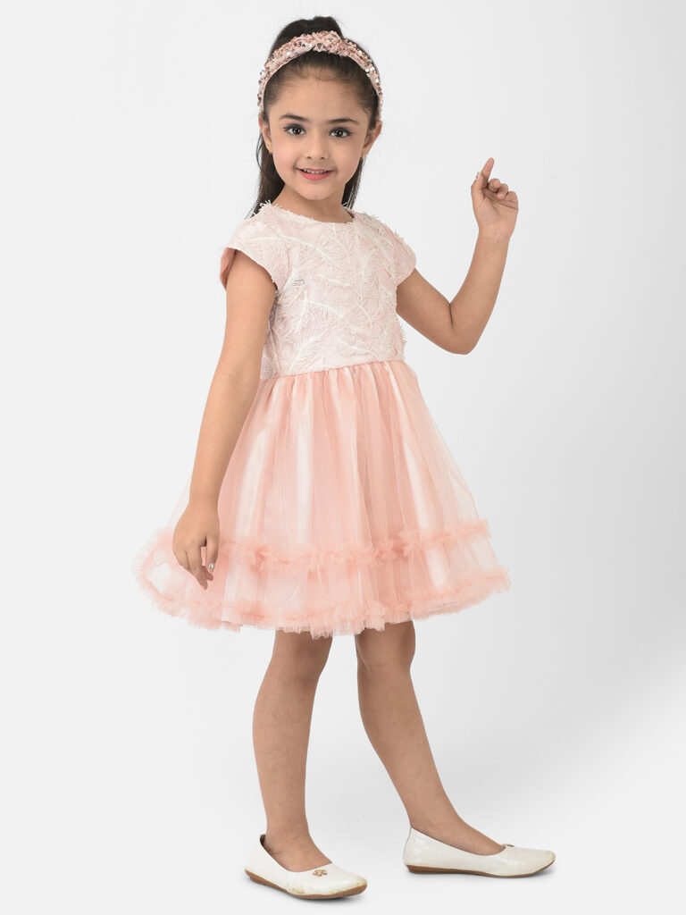 RIGAS Baby pink Embroidered net fabric Fit & Flare Kids Dress - RIGAS